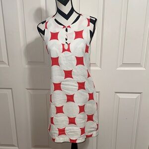Island Company Linen Sleeveless White Shift Dress with Red Geometric Print
